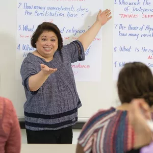 YMCA instructor leading free citizenship preparation class