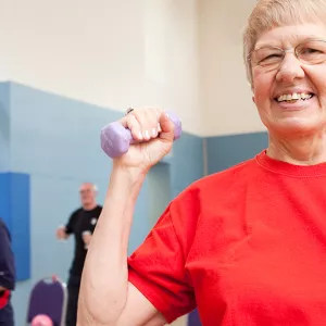 A senior in a fitness class at the YMCA.